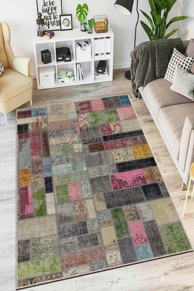Renkli Kaymaz Tabanlı Yıkanır Patchwork Mutfak Halısı AR1061 ürün görseli 1