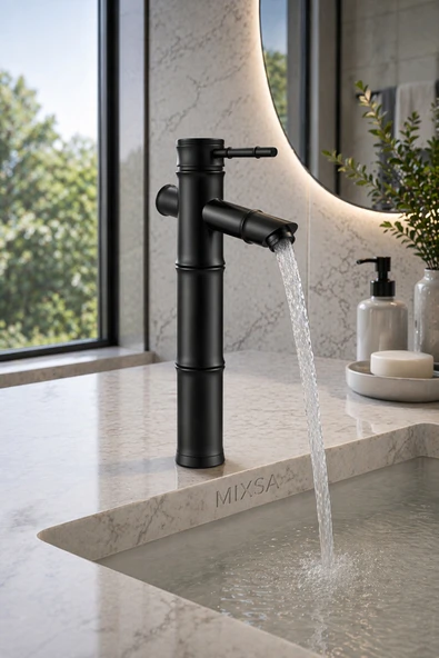MİXSA Lüx Premium Siyah Bambu Çanak Lavabo Bataryası Eskitme Hissiyatlı Uyumlu Mat Siyah Musluk ürün görseli 1