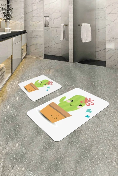 Yeşil Kaktüs Desenli Banyo Halısı Klozet Paspas Seti BS245 ürün görseli 1