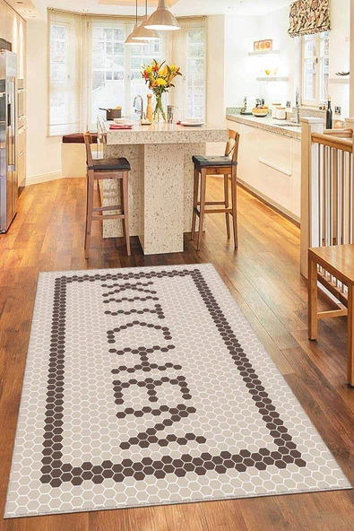 Bej Kaymaz Taban Yıkanan Kitchen Yazılı Mutfak Halısı AR490 ürün görseli 1