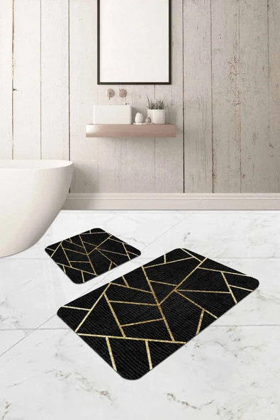 Siyah Geometrik Desen Banyo Halısı Klozet Paspas Seti BS336 ürün görseli 1