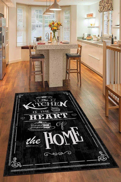 Siyah Kaymaz Tabanlı Kitchen Yazılı Mutfak Halısı AR465 ürün görseli 1
