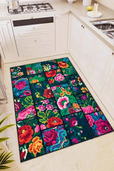 Renkli Kaymaz Tabanlı Yıkanır Patchwork Mutfak Halısı AR572 ürün görseli 1