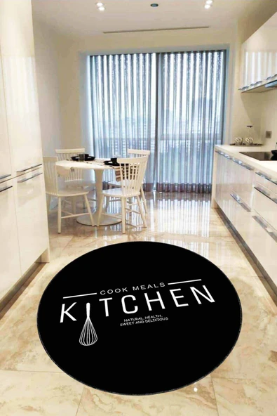 Siyah Kaymaz Kitchen Yazılı Yuvarlak Mutfak Halısı AR428 ürün görseli 1
