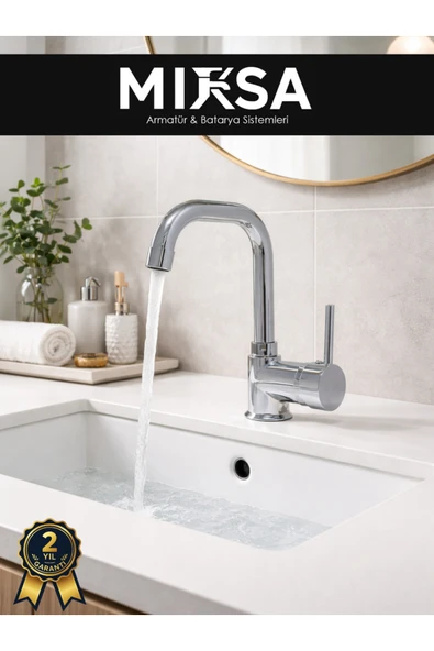 MİXSA Armut Köşe Borulu Banyo Lavabo Bataryası Çeşmesi Musluğu Çift Su Girişli ürün görseli 1