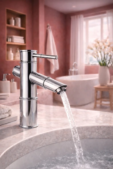 MİXSA Lüx Premium Krom Bambu Model Modern Banyo Lavabo Bataryası Çeşmesi Musluğu ürün görseli 1