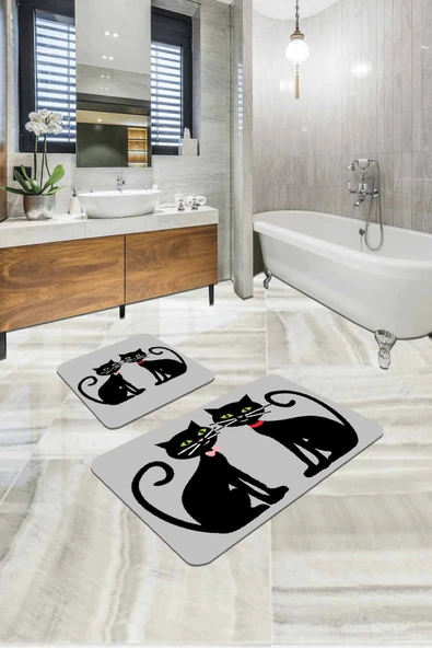 Gri Kedi Temalı Banyo Halısı Klozet Takımı Paspas Seti BS252 ürün görseli 1