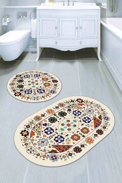Krem Etnik Desen Banyo Halısı Klozet Oval Paspas Seti BS082 ürün görseli 1