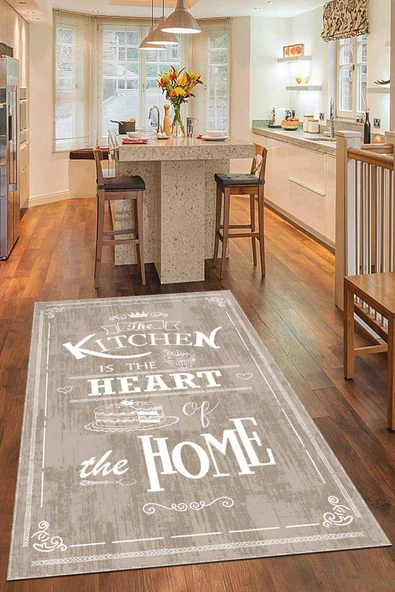 Bej Kaymaz Taban Yıkanan Kitchen Yazılı Mutfak Halısı AR527 ürün görseli 1