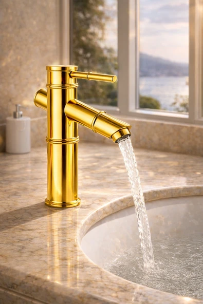 MİXSA Lüx Premium Gold Pirinç Bambu Lavabo Bataryası Çeşmesi Musluğu ürün görseli 1