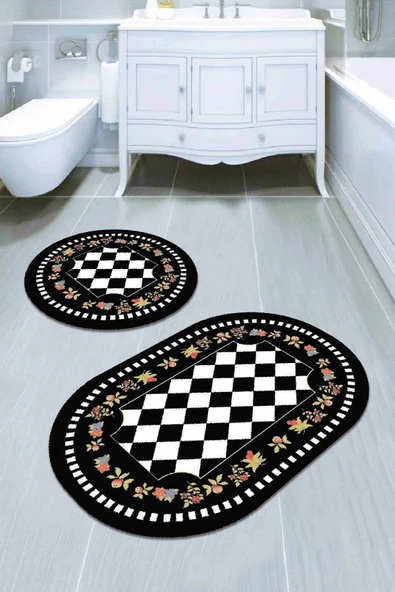 Siyah Çerçeveli Banyo Halısı Klozet Oval Paspas Seti BS072 ürün görseli 1