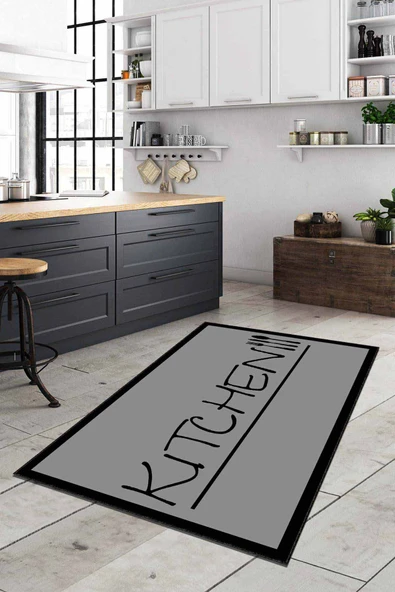 Gri Kaymaz Taban Yıkanan Kitchen Yazılı Mutfak Halısı AR180 ürün görseli 1