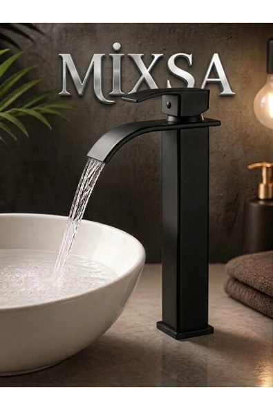 MİXSA Mat Siyah Şelale Lavabo Bataryası Uzun Çanak Lavabo Musluğu Modern Çift Su Girişli Banyo Musluğu ürün görseli 1