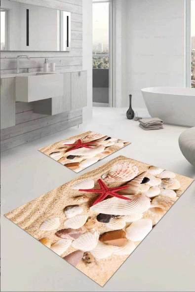 Bej Deniz Kabuklu Banyo Halısı Klozet 2'li Paspas Seti BS028 ürün görseli 1