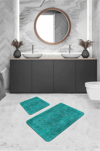 Turkuaz Modern Klasik Banyo Halısı Klozet Paspas Seti BS240 ürün görseli 1