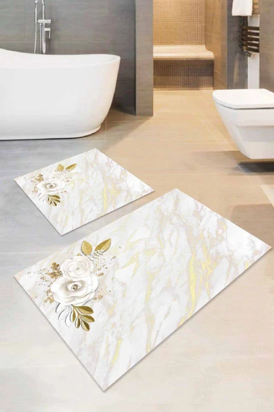 Gold Çiçek Temalı Banyo Halısı Klozet 2'li Paspas Seti BS019 ürün görseli 1