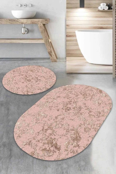 Pembe Mermer Görünümlü Oval Banyo Klozet Paspas Seti BS064 ürün görseli 1
