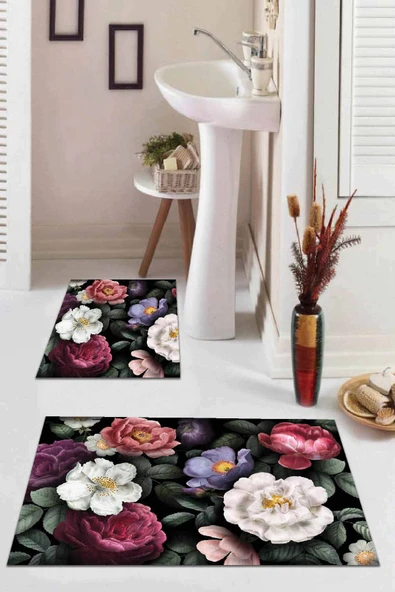 Renkli Çiçek Temalı Banyo Halısı Klozet Paspas Seti BS003 ürün görseli 1