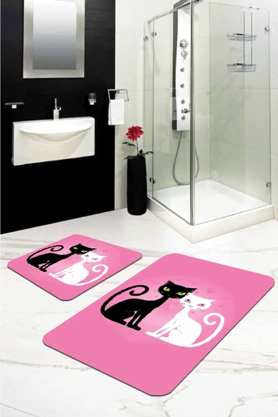 Pembe Kedili Banyo Halısı Klozet Takımı Paspas Seti BS262 ürün görseli 1