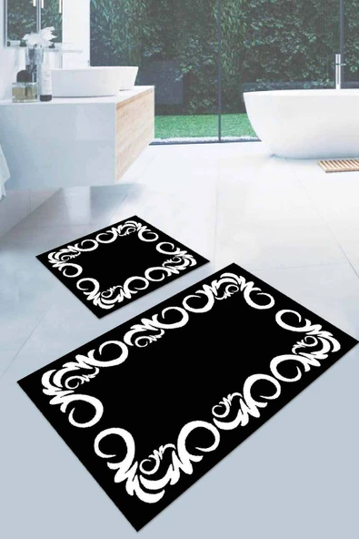 Siyah Çerçeveli Desen Banyo Halısı Klozet Paspas Seti BS032 ürün görseli 1