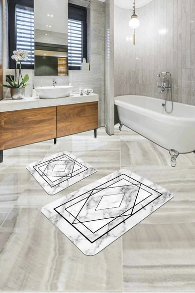 Beyaz Mermer Görünümlü Banyo Halısı Klozet Paspas Seti BS344 ürün görseli 1