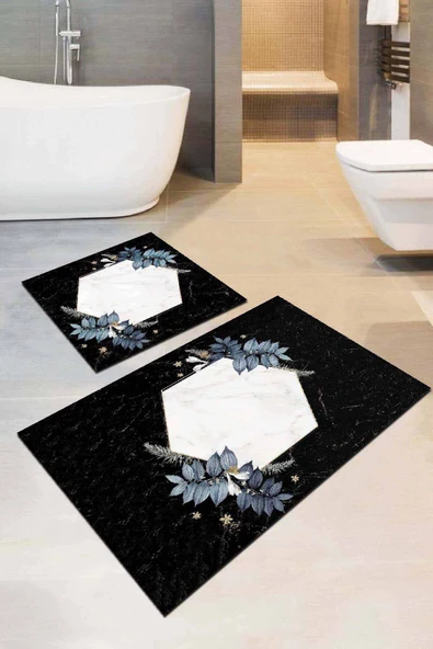 Siyah Çiçekli Desen Banyo Halısı Klozet Paspas Seti BS048 ürün görseli 1