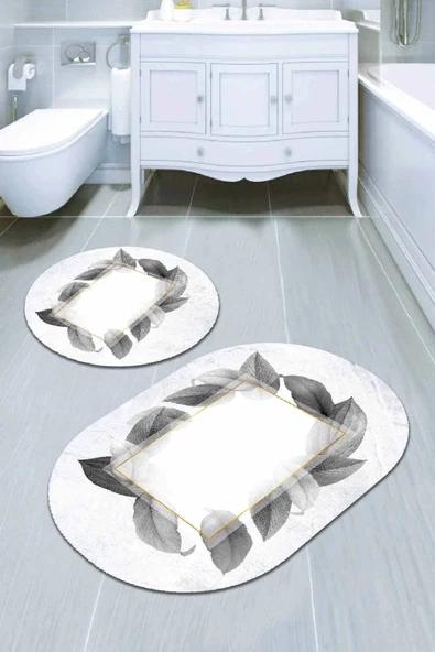 Beyaz Yaprak Temalı Oval Banyo Klozet Paspas Seti BS092 ürün görseli 1