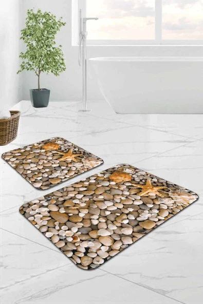 Bej Deniz Kabuklu Banyo Halısı Klozet 2'li Paspas Seti BS214 ürün görseli 1