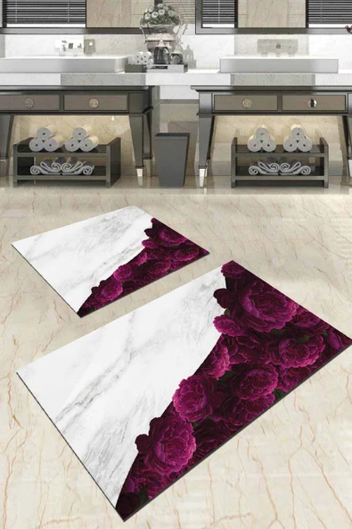 Mürdüm Çiçekli Desen Banyo Halısı Klozet Paspas Seti BS013 ürün görseli 1
