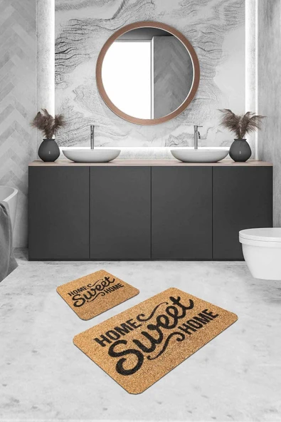 Bej Home Sweet Home Banyo Halısı Klozet Paspas Seti BS315 ürün görseli 1
