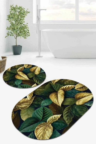 Yeşil Yaprak Temalı Oval Banyo Klozet Paspas Seti BS058 ürün görseli 1