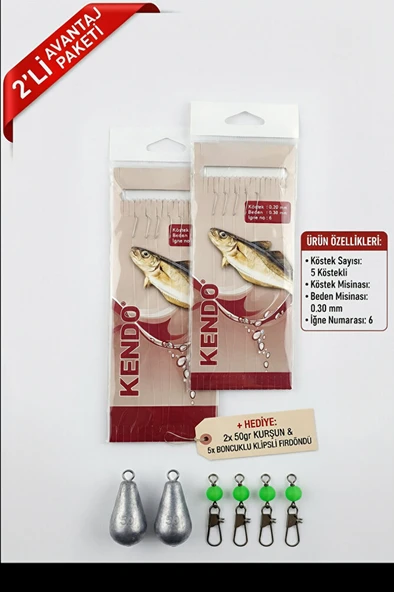 2'li Mezgit Avı Seti - 5 Köstekli Hazır Takım + 2 Adet 50gr Kurşun + 5 Adet Klipsli Fırdöndü ürün görseli 1