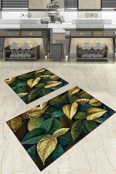 Yeşil Yapraklı Banyo Halısı Klozet Takımı Paspas Seti BS016 ürün görseli 1