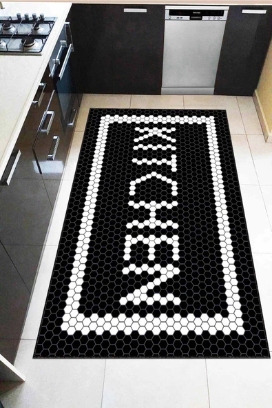 Siyah Kaymaz Tabanlı Kitchen Yazılı Mutfak Halısı AR444 ürün görseli 1