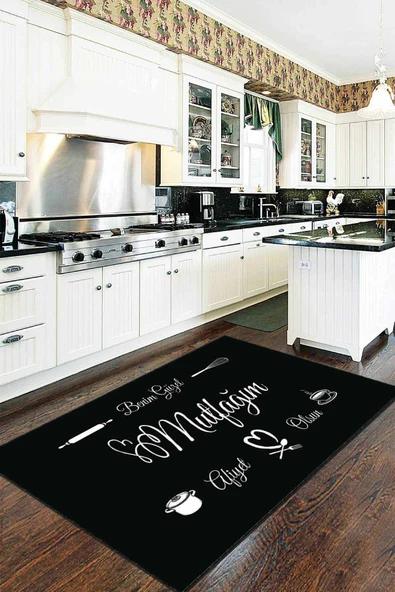 Siyah Kaymaz Tabanlı Kitchen Yazılı Mutfak Halısı AR230 ürün görseli 1