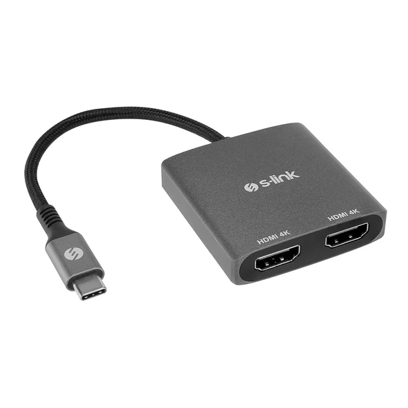 S-Link Swv-Usbc026 4K@30Hz Gri Metal Type-C To 2 Port Hdmı Adaptör ürün görseli 1