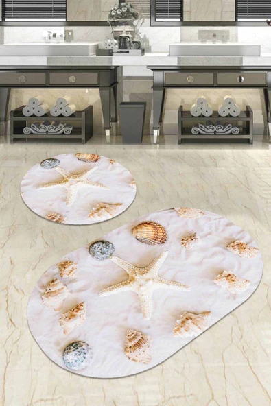 Kemik Marin Desen Banyo Halısı Klozet Oval Paspas Seti BS078 ürün görseli 1