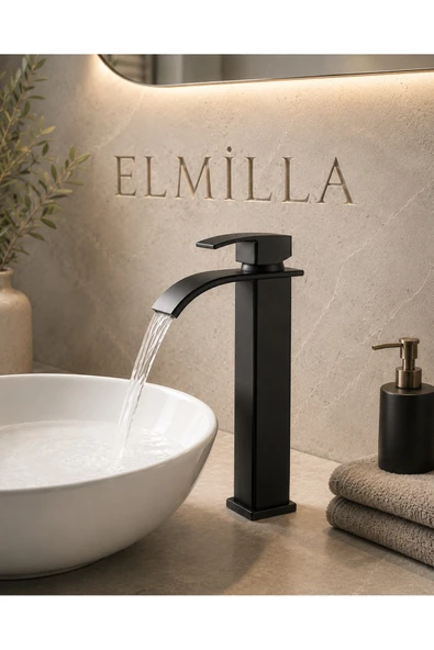 elmilla Lüx Krom Premium Mat Siyah Şelale Çanak Lavabo Bataryası Çift Su Girişli Modern Musluk ürün görseli 1
