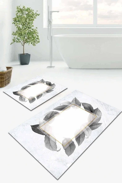 Gri Yaprak Temalı Banyo Halısı Klozet 2'li Paspas Seti BS050 ürün görseli 1