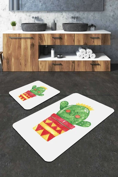 Yeşil Kaktüs Desenli Banyo Halısı Klozet Paspas Seti BS241 ürün görseli 1
