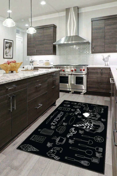 Siyah Kaymaz Taban Yıkanan Kitchen Yazılı Mutfak Halısı MT09 ürün görseli 1