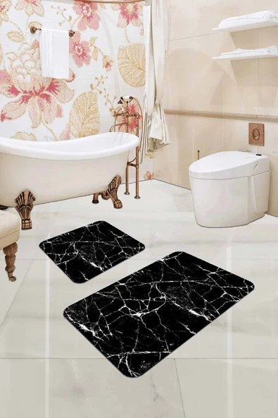 Siyah Mermer Görünümlü Banyo Halısı Klozet Paspas Seti BS304 ürün görseli 1