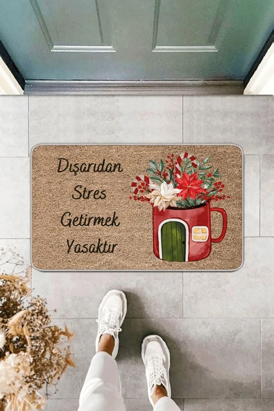 Bej Çiçekli Stres Getirmek Yasaktır Kapı Önü Paspası KP13 ürün görseli 1