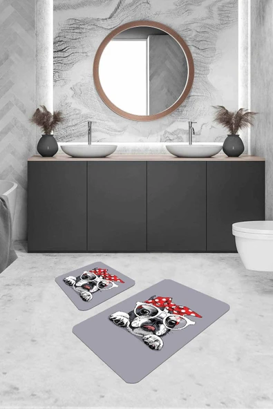 Gri Hayvan Temalı Banyo Halısı Klozet 2'li Paspas Seti BS268 ürün görseli 1