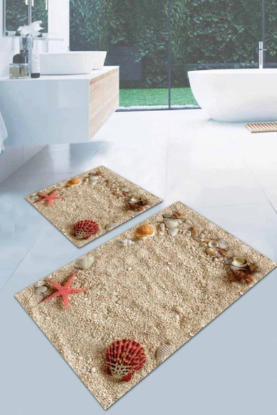 Bej Deniz Kabuklu Banyo Halısı Klozet 2'li Paspas Seti BS041 ürün görseli 1