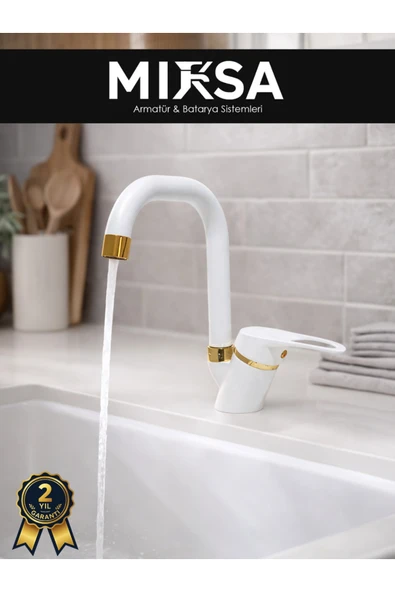 MİXSA Lüx Beyaz-Gold Köşe Borulu Banyo Lavabo Bataryası, Musluğu, Çift Su Girişli ürün görseli 1