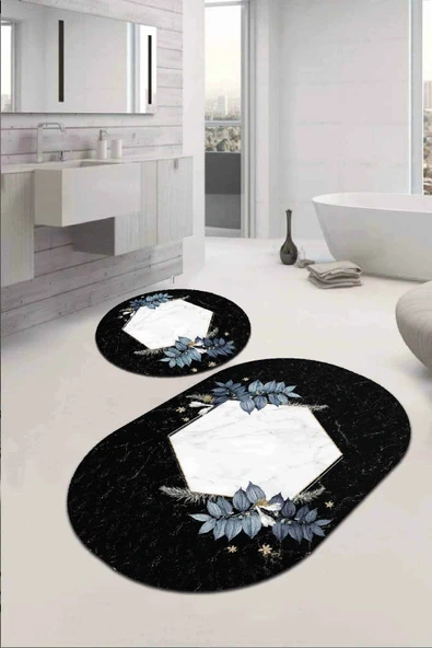 Siyah Çiçekli Banyo Halısı Klozet Oval Paspas Seti BS090 ürün görseli 1