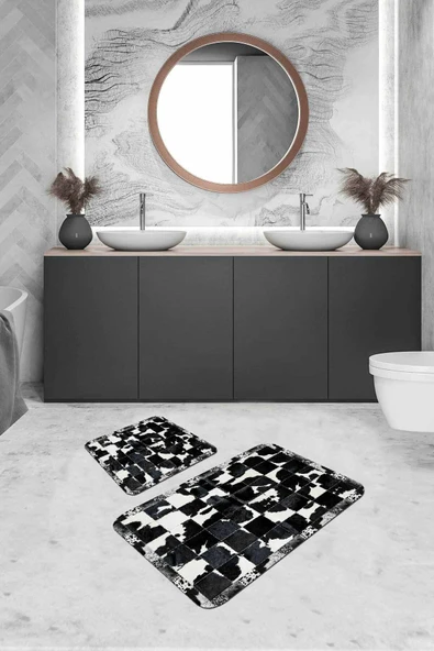 Siyah Deri Görünümlü Banyo Halısı Klozet Paspas Seti BS329 ürün görseli 1