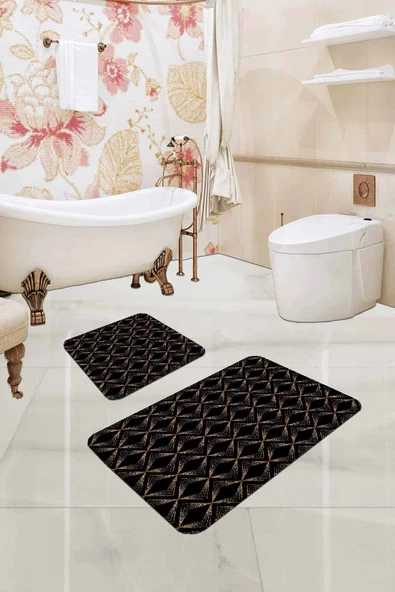 Siyah Mermer Görünümlü Banyo Halısı Klozet Paspas Seti BS346 ürün görseli 1