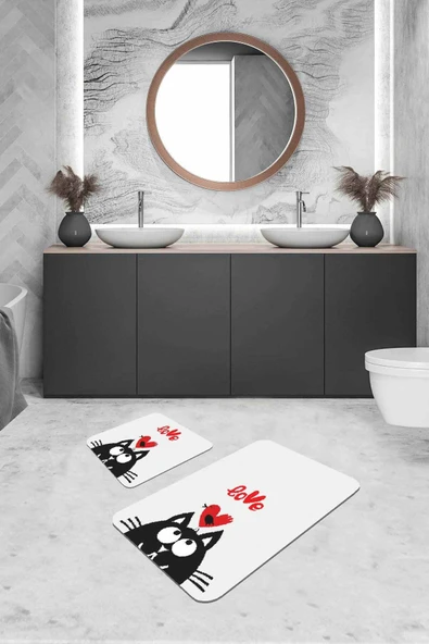 Ekru Kedi Desenli Banyo Halısı Klozet 2'li Paspas Seti BS249 ürün görseli 1